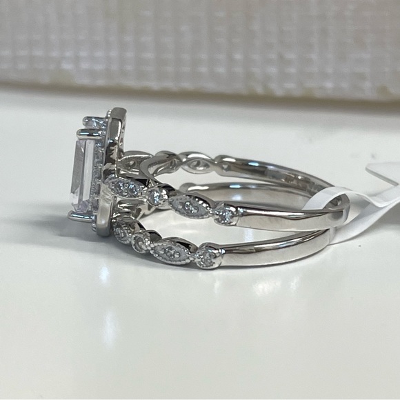 Emerald Cut Engagement Ring Set, Bridal Set, Sterling Silver with Sparkling CZ - Picture 7 of 10